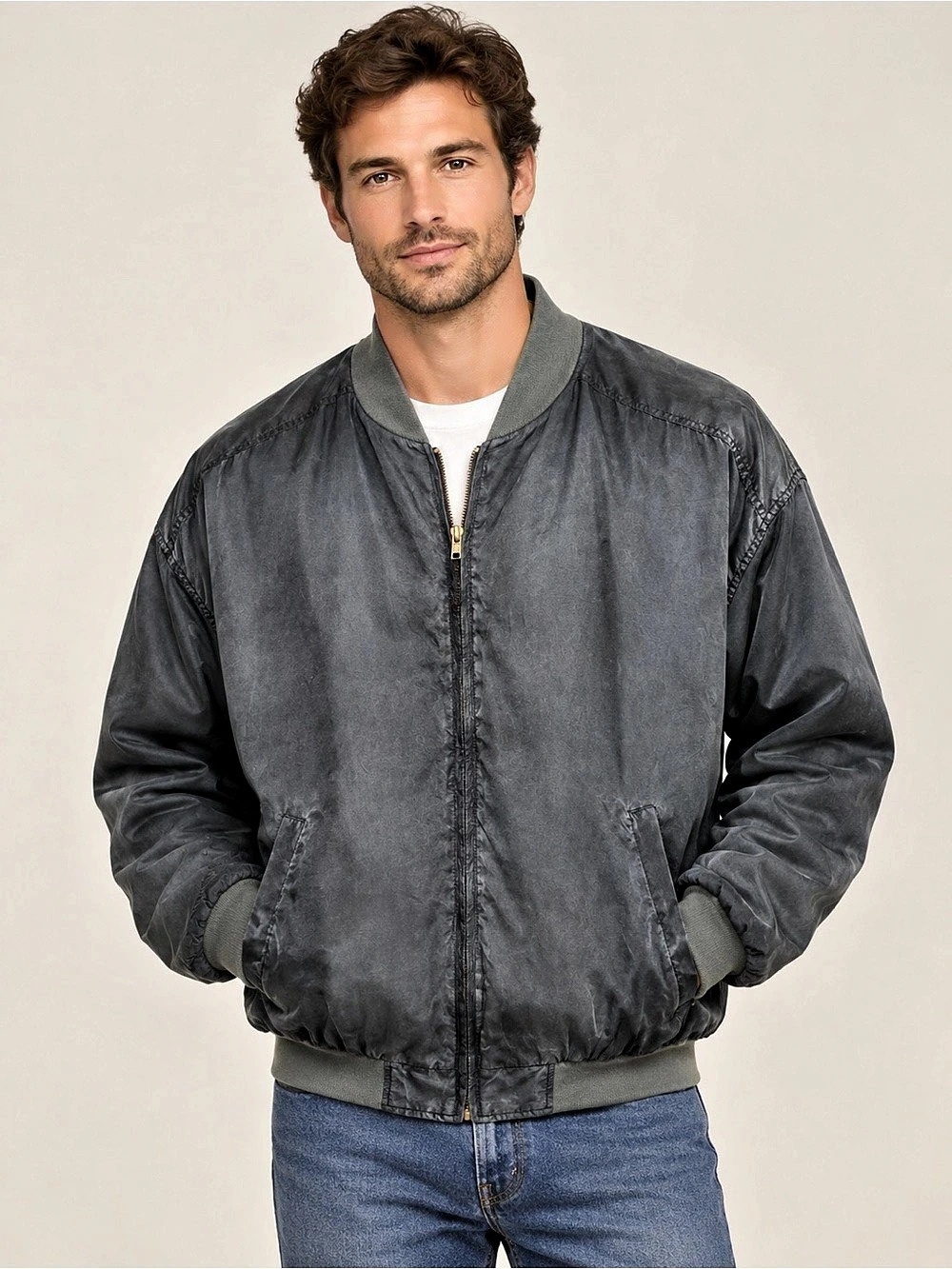 VTG Naked Silk 100% Pure Silk Men's Bomber Jacket in Gray Size Large